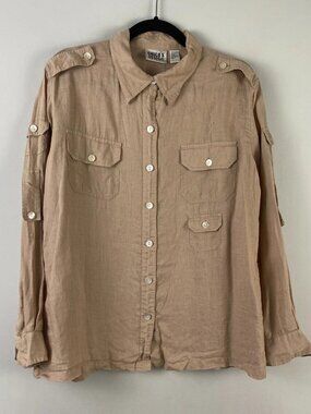 Chicos Linen Utility Button Up Shirt Size 2 US Large Tan Beige Pockets